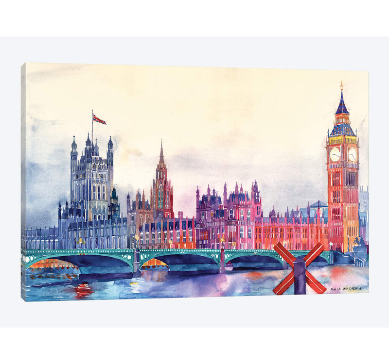 «Sunset In London I» par Maja Wronska, impression sur toile, H 24 po x l 32 po x P 1 po, Papier d'art encadré noir, Blanc