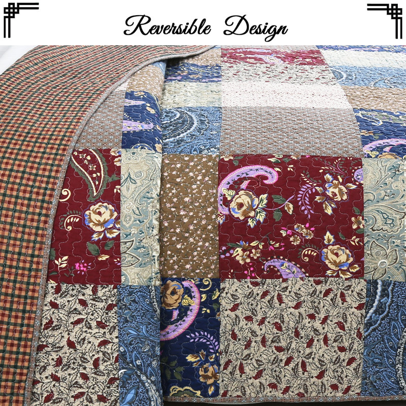 Queen Size Blue and Beige Cotton Reversible Quilt Set