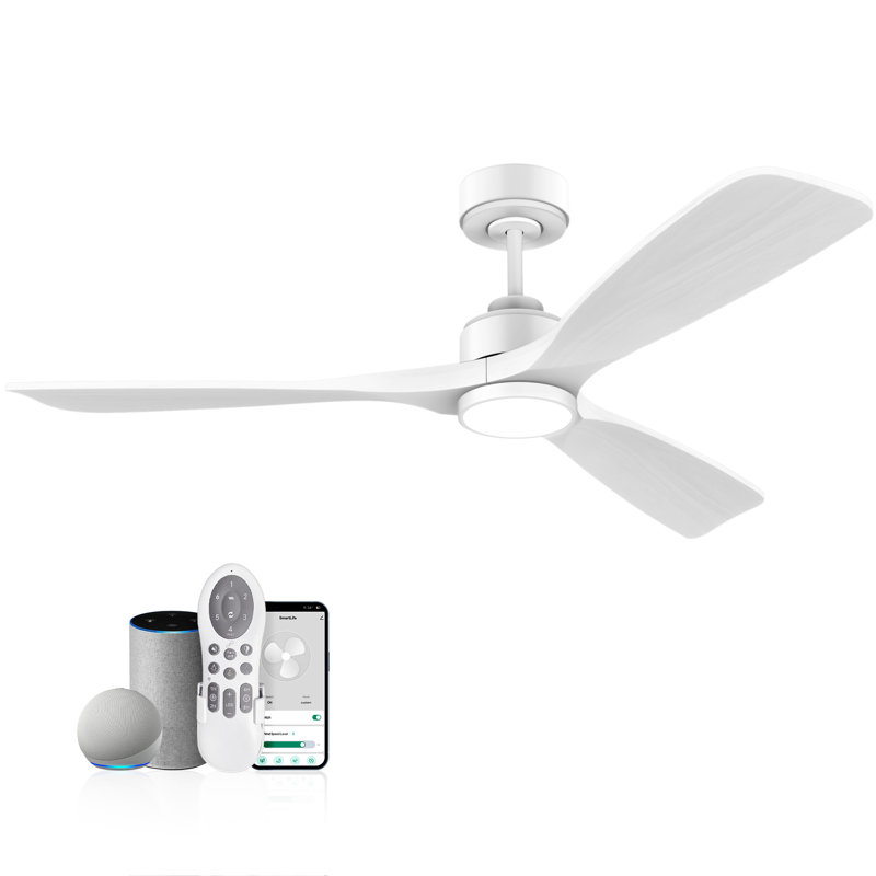 Ventilateur de plafond en bois intelligent 52 pouces 3 pales avec lumière, télécommande et contrôle Alexa WiFi, intérieur / extérieur, à intensité variable, moteur à courant continu silencieux
