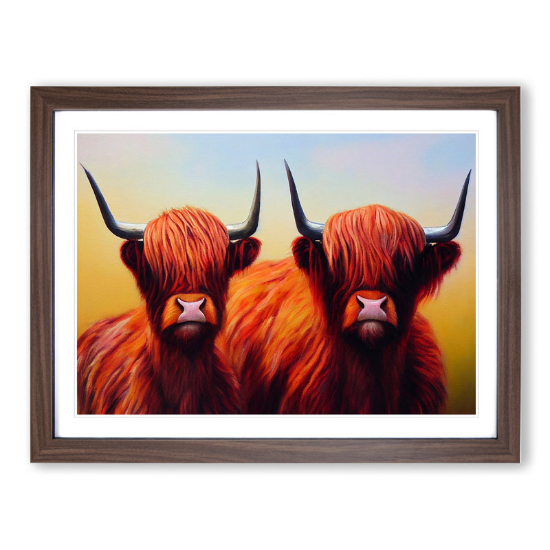 Two Highland Cows Vol.2 - Single Picture Frame Print, 46cm H x 64cm W x 2cm D, Walnut Framed