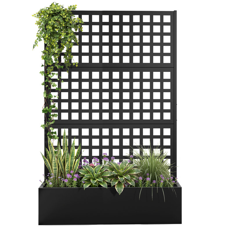 Metal Planter Wall with Trellis, Raised Garden Bed with Privacy Screen, Outdoor Planter Box for Climbing Plants, Vines, Flowers & Vegetables