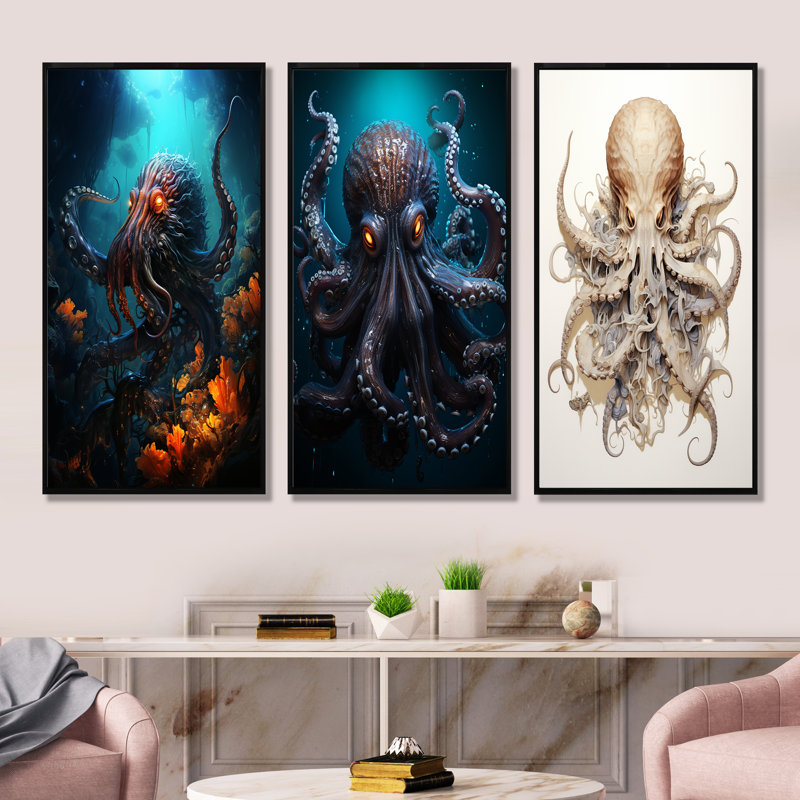 Superheros Octopus Warrior - ensemble de salon art mural poulpe / calmar de 4, Cadre flottant noir, H 32 po x l 48 po