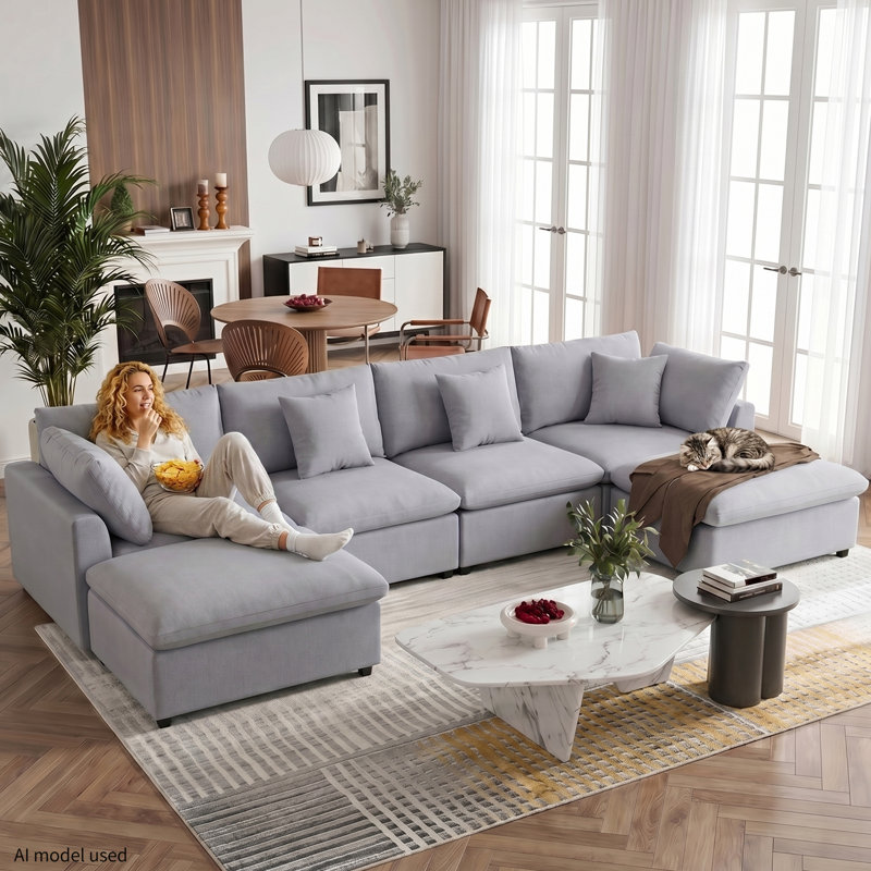 Canapé modulaire en coin en chenille de 6 pièces avec canapé et repose-pieds réversible 142,8 po 142,8 po, Gris chenille