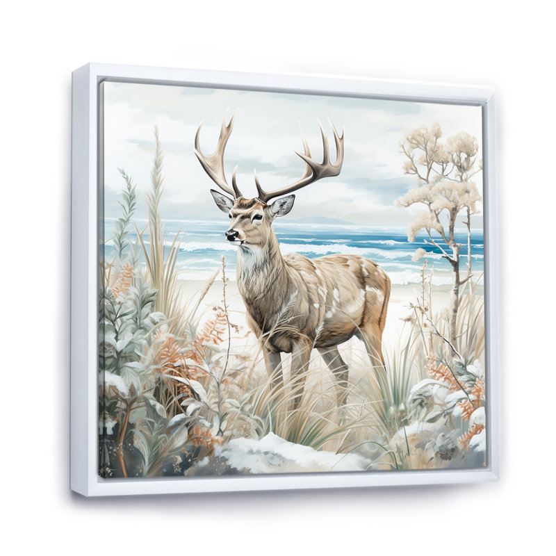 Deer Charm In Winter - Deer, reproduction d'art sur toile, Cadre flottant blanc, H 36 po x l 36 po x P 1,5 po