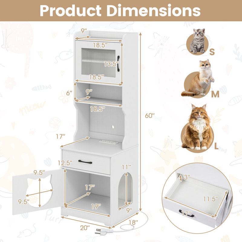 Enclos pour bac à litière pour chat avec éclairage DEL réglable, tablettes de rangement et poste de charge. Couleurs naturelles et blanches.