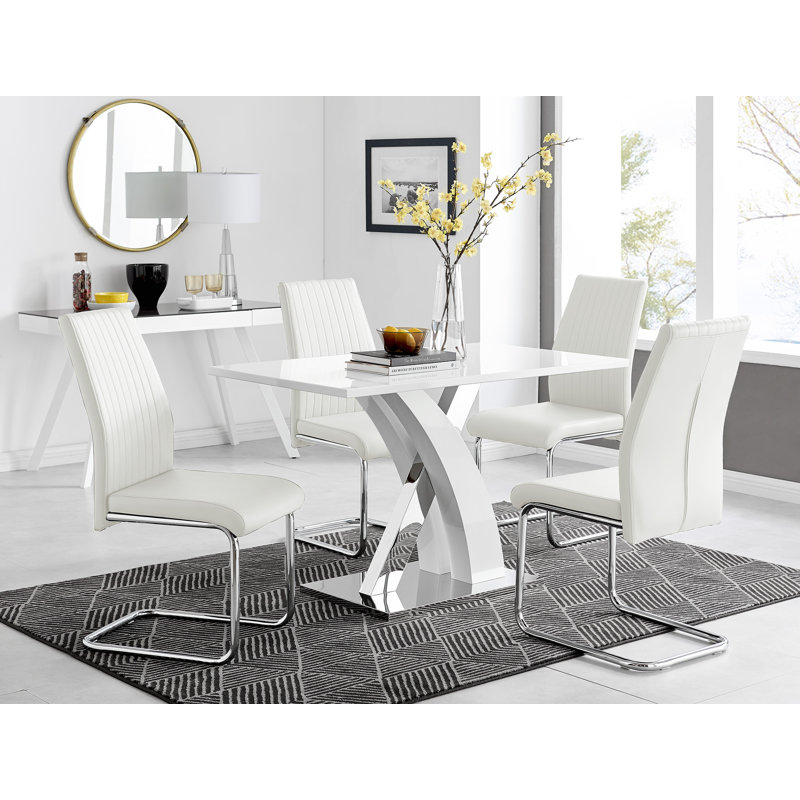 Marietta Chrome Metal and White High Gloss Dining Table Set - 4 Luxury Faux Leather Dining Chairs, White