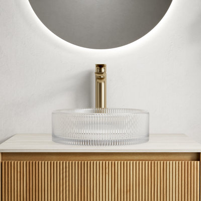Lavabo de salle de bain rond en cristal transparent 14 pouces sans robinet, rayures artistiques, convient à divers comptoirs, facile à nettoyer, taille de lavabo 14,44 x 4,62 pouces, bec de robinet recommandé 9 po,