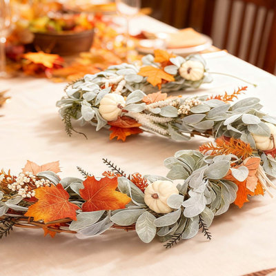 Guirlande d'automne, guirlande de feuilles d'automne de 6 pi, guirlande d'eucalyptus artificiel avec baies de citrouille pour manteau de cheminée de foyer, décoration de fête de Noël, fête d'automne (6 pi)