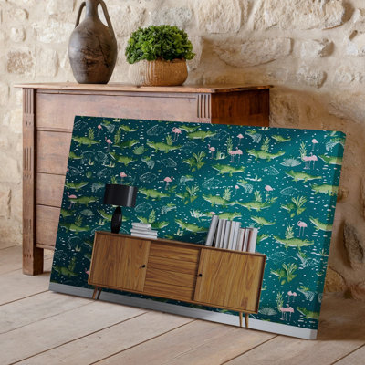 Toile une scène intérieure vibrante avec un buffet en bois élégant avec art mural, une lampe noire élégante et des livres soigneusement empilés, art sur toile