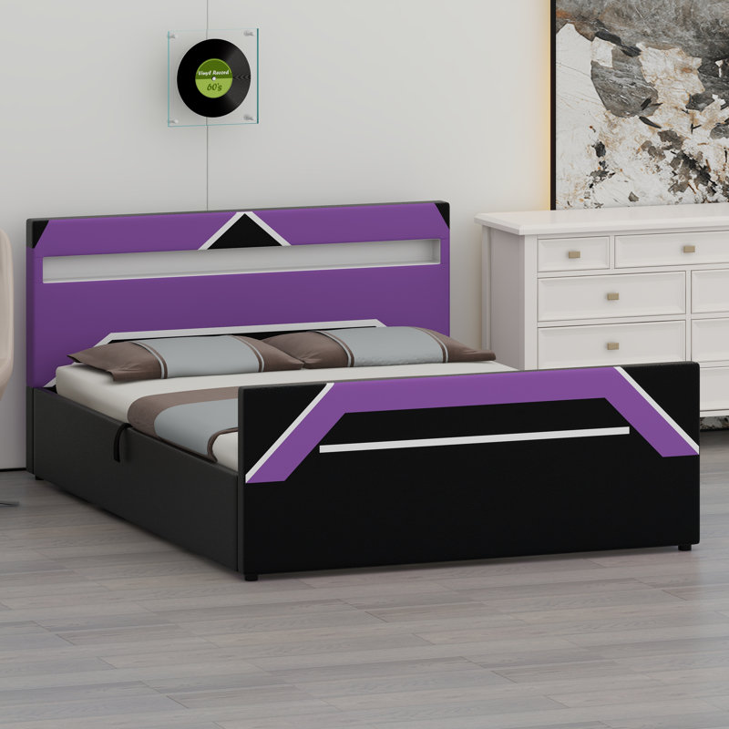 Gaming Platform Bed with LED Headboard, Side-Lift Hydraulic Storage, Futuristic Cyberpunk Design, Black+Purple