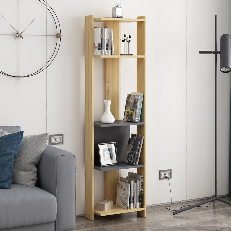 Bizzell 4 Tier Geometric Bookcase Modern Display Unit for Living Room or Home Office, Oak/Anthracite
