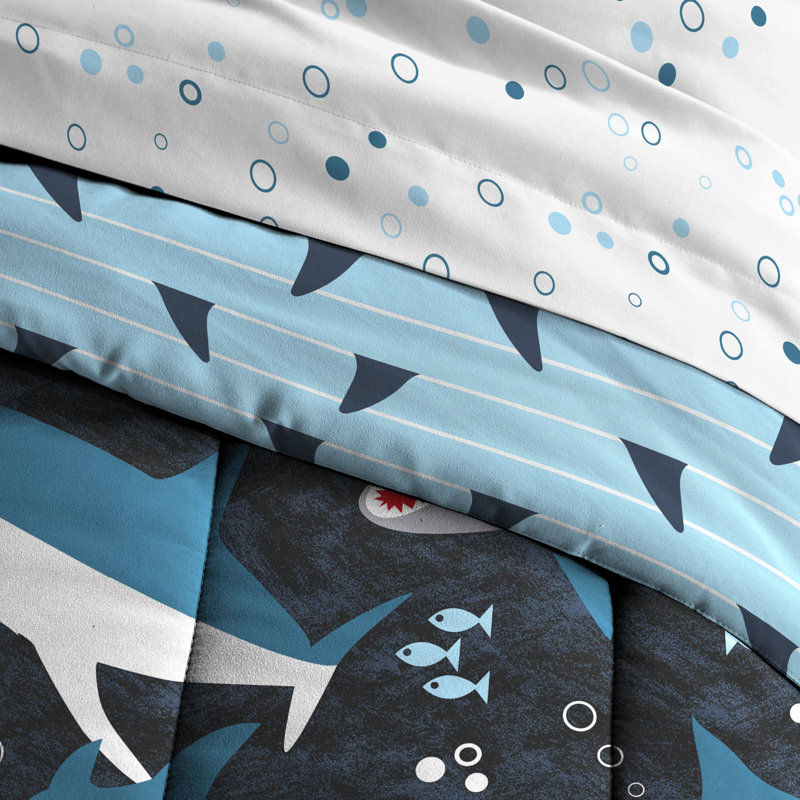 Ensemble d'édredon réversible en microfibre Sharks Blue, Édredon simple + 4 pièces supplémentaires