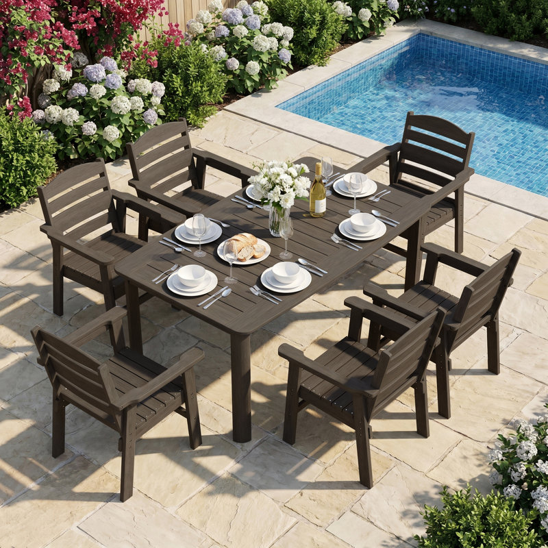 7 Piece Outdoor HDPE Dining Set, All-Weather Patio Table and Chairs W/ Umbrella Hole, Low Maintenance for Porch, Backyard