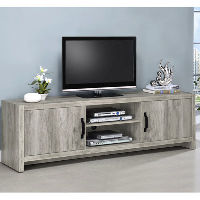 Meuble télé 71 po avec bois flottant gris conifère, forme basse large et rangement caché pour console en bois flottant avec compartiments design