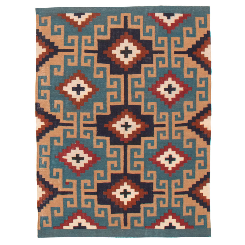 Kilim bleu audacieux et coloré 4 pi 9 po x 6 pi 4 po