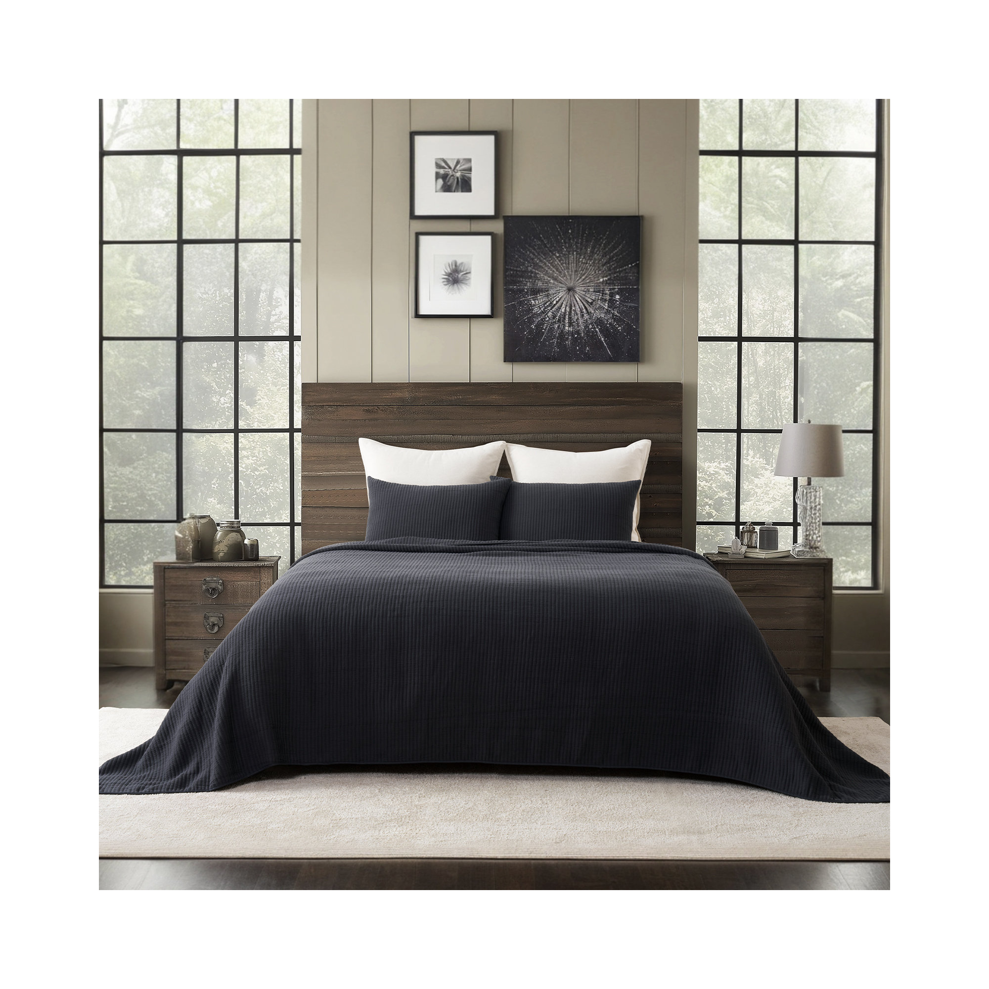 Ribbed Matelassé Cotton Coverlet Set, Washed Black, King Quilt + 2 King Shams