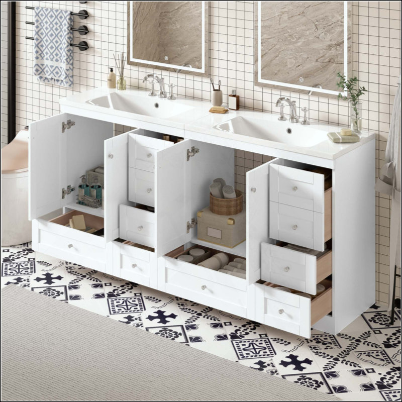 Meuble-lavabo autoportant de style Shaker avec lavabo en résine, tiroirs à fermeture en douceur et portes à fermeture en douceur (robinet non inclus)