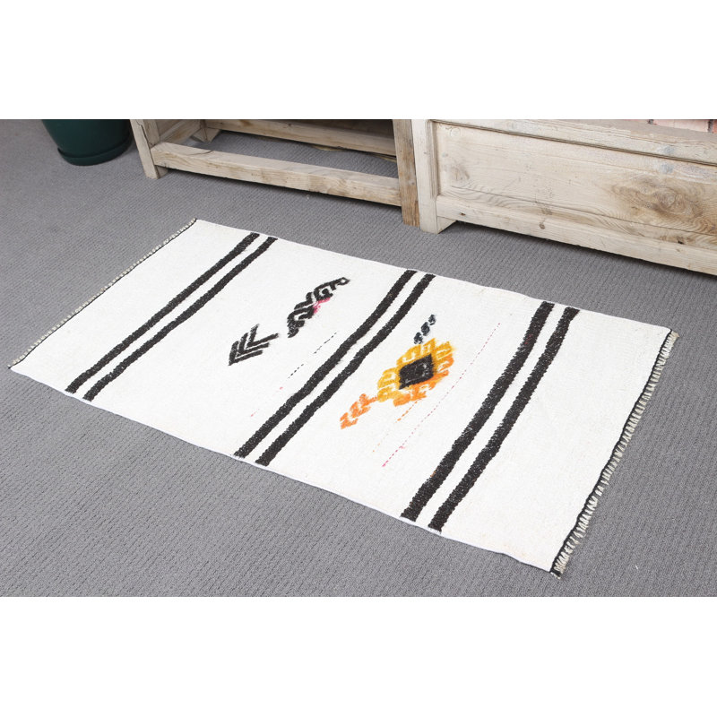 Small Vintage Turkish Kilim Rug With Intricate Patterns in White Perfect for Entryways