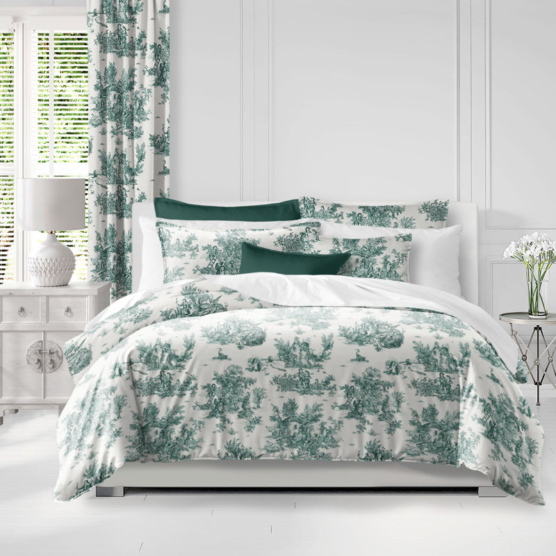 Ensemble de couvre-lit en coton Toile De Jouy, Couvre-lit très grand californien + 2 taies déco, Vert