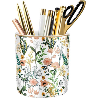 Grand pot à crayons de couleur pour bureau, pot à crayons en céramique, porte-marqueurs, porte-pinceaux de maquillage, accessoires de bureau et organisateurs d'espace de travail pour la maison et le bureau, motif fleur blanche