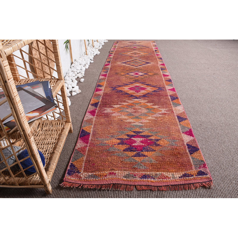 Tapis neutre, tapis turcs, tapis rétro, tapis en laine orange, tapis tissé à la main, tapis de couloir de 2,5 x 10 pi