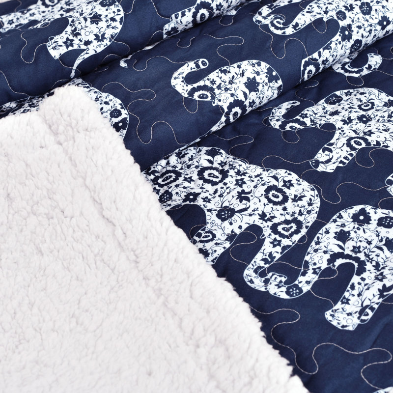 Navy Elephant Parade Reversible Sherpa Throw Blanket