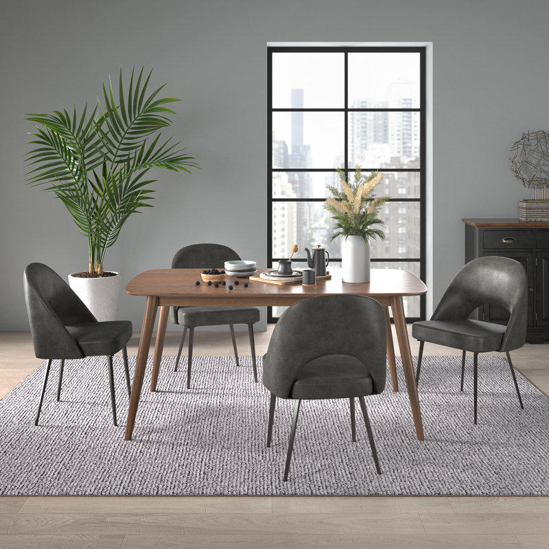 Faught Mid-Century Modern Tapered Dining Set - Leather, 63" Dining Table And 4 Chairs, Dark Gray, Walnut