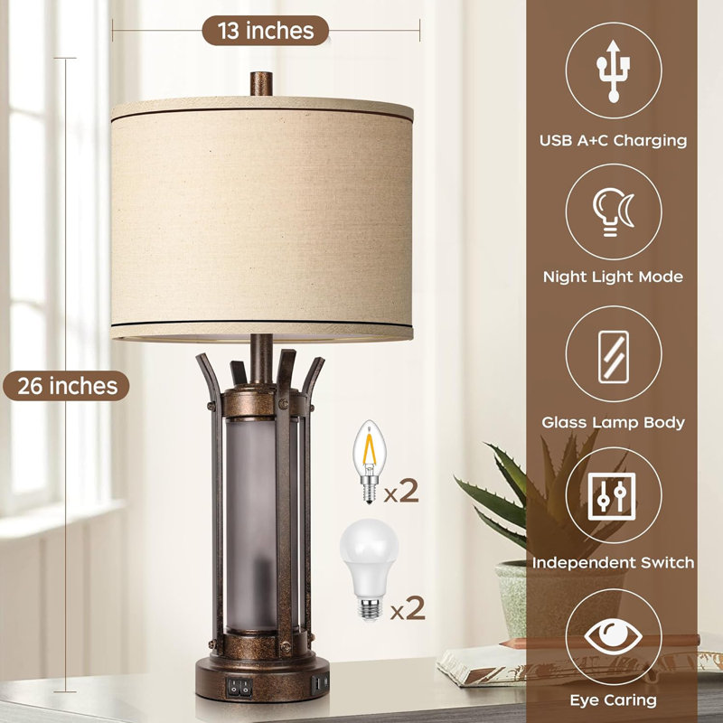 26" Bronze Rustic Farmhouse Table Lamps with USB Ports (Set of 2)