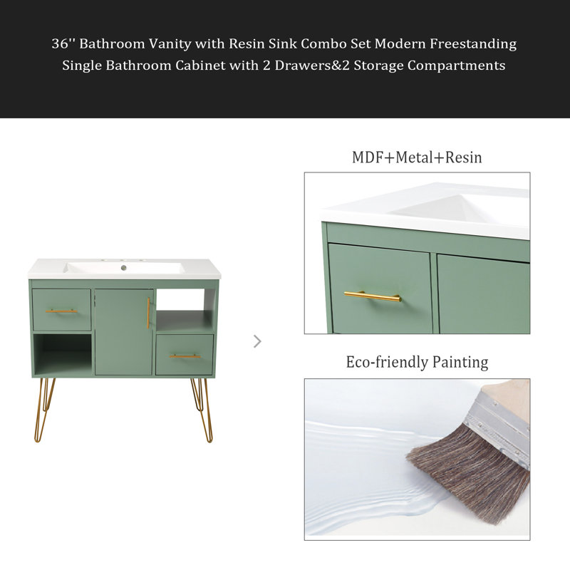 Ensemble de meuble-lavabo 36 po avec lavabo en résine, armoire de salle de bain simple autoportante moderne avec 2 tiroirs et 2 compartiments de rangement, meuble de rangement pour salle de bain, ensemble de meuble-lavabo avec cadre en bois massif, vert