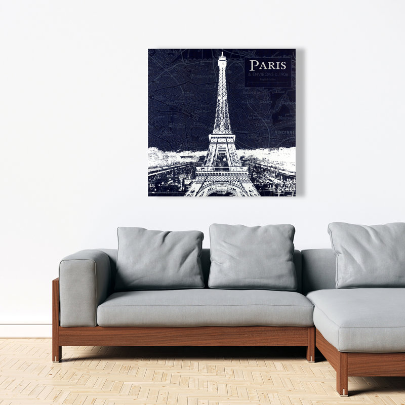 Paris Blue Print and Eiffel Tower - Vintage Canvas Decor