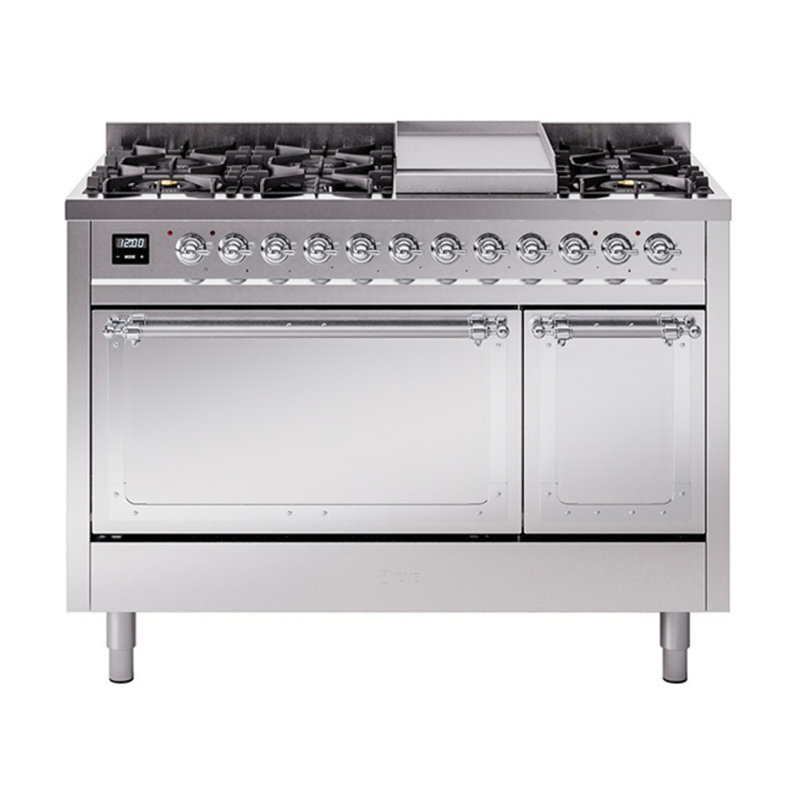ILVE Nostalgie II Noblesse 48 in Dual Fuel Range, 8 Burner, Griddle, Stainless Steel/Chrome, Liquid Propane