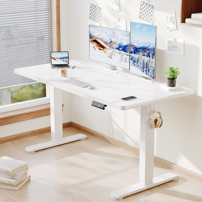 Adjustable Metal Base Standing Desk, White/White, 72cm H x 140cm W x 70cm D