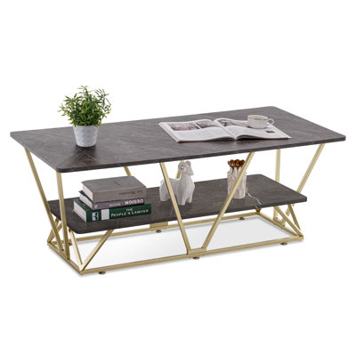 Faux Marble Coffee Table - 2 Tier Open Shelf, Metal Frame, and Geometric Design