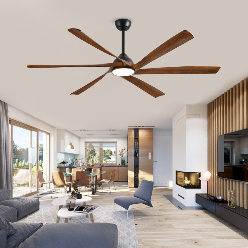 6 Blade Solid Wood Smart Ceiling Fan With Quiet Reversible Dc Motor, Dimmable Led Light, Remote & App Control, Black, Brown