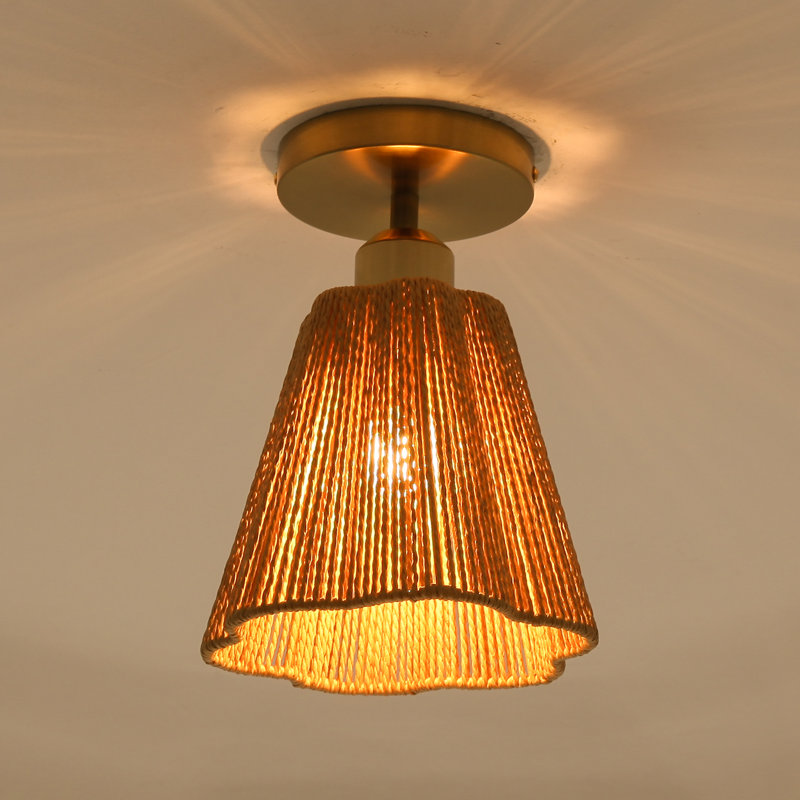 Boho 7" Single-Light Semi-Flush Mount Ceiling Light With Brown Woven Paper Rope Shade