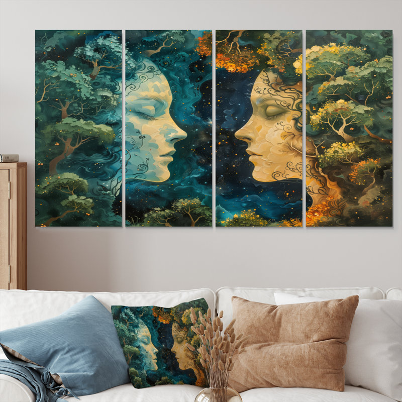 Vert, jaune, astrologie, connexion cosmique, ensemble d'art mural Gemini, H 32 po x l 64 po