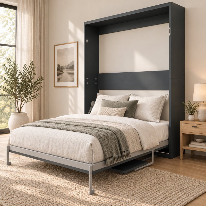 Ensemble de grand lit escamotable et de bureau Upfoldra, lit escamotable mural moderne gris avec pieds automatiques, système de pliage hydraulique, 26 lattes de bois multicouches, sangle de maintien du matelas