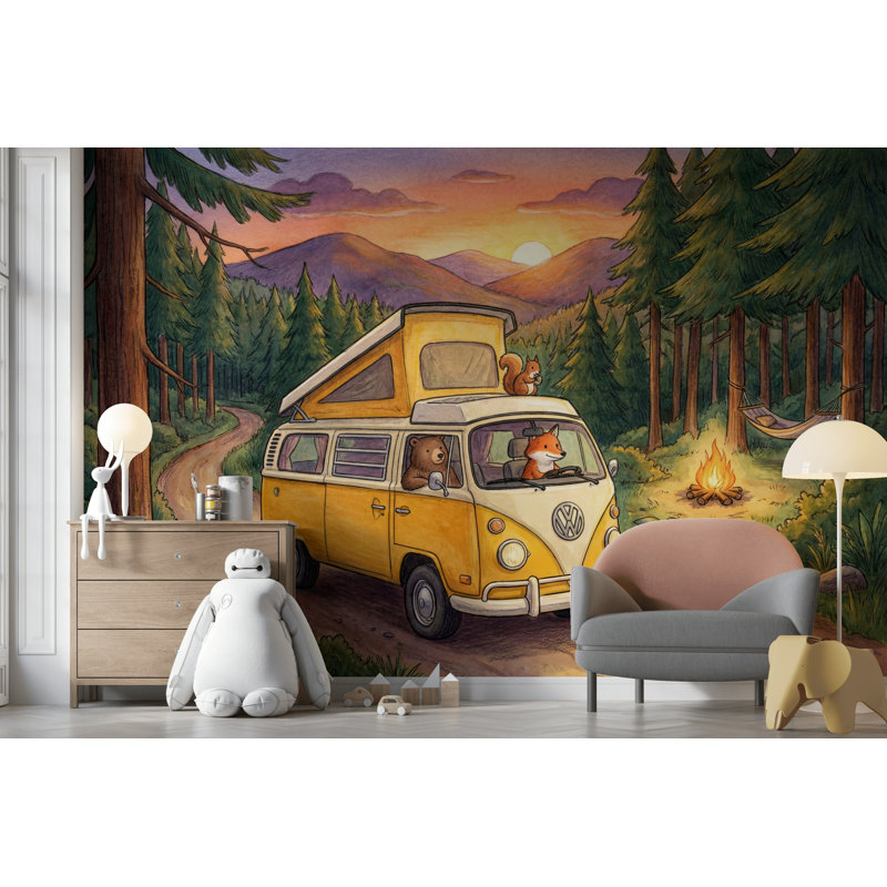 Papier peint mural paysage forestier coucher de soleil montagnes camping, 200"x120", Peel and Stick