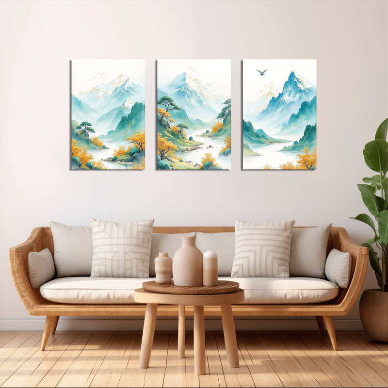 Paysage de montagne, aquarelle sur toile, reproduction de peinture à l'encre de Chine (ensemble de 3), H 24 po x l 48 po