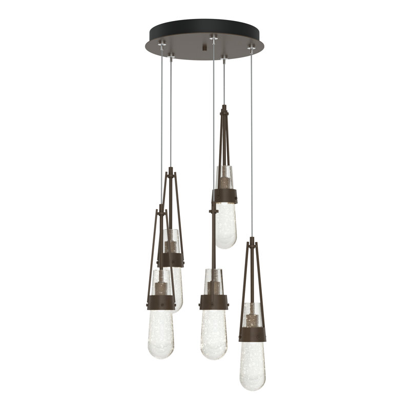 Luminaire suspendu 5 lumières Link, Verre antique transparent, Standard: 19 po à 80 po, Bronze