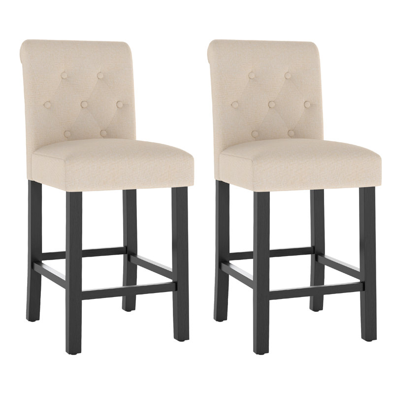 Tabourets de bar capitonnés en bois à hauteur de comptoir avec pieds en bois massif, ensemble de 2, Beige
