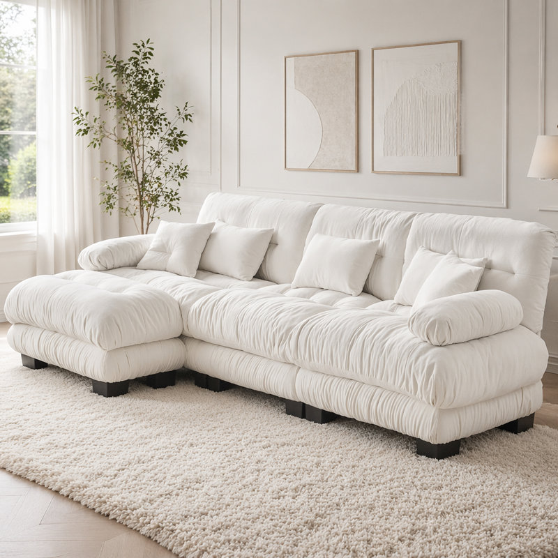Canapé Cloud, canapé en chenille, Blanc + 3 sièges + 1 fauteuil