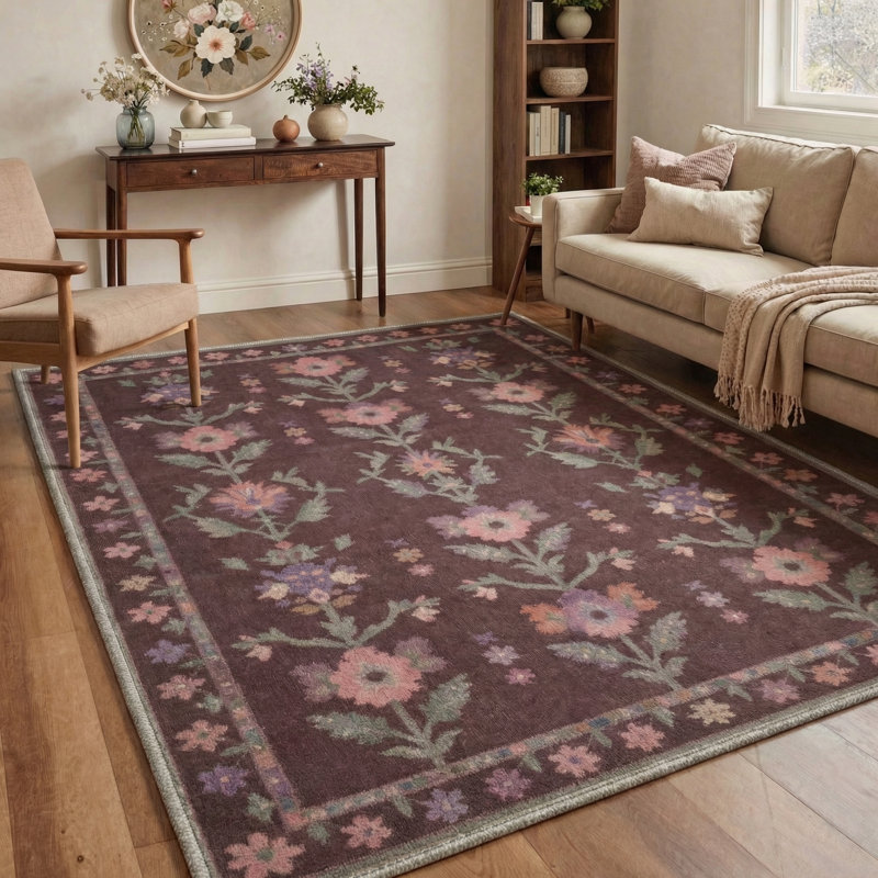 Bellingham Linden Floral Machine Washable Red / Green / Pink Indoor Area Rug with Non-Slip Backing, Round 5'