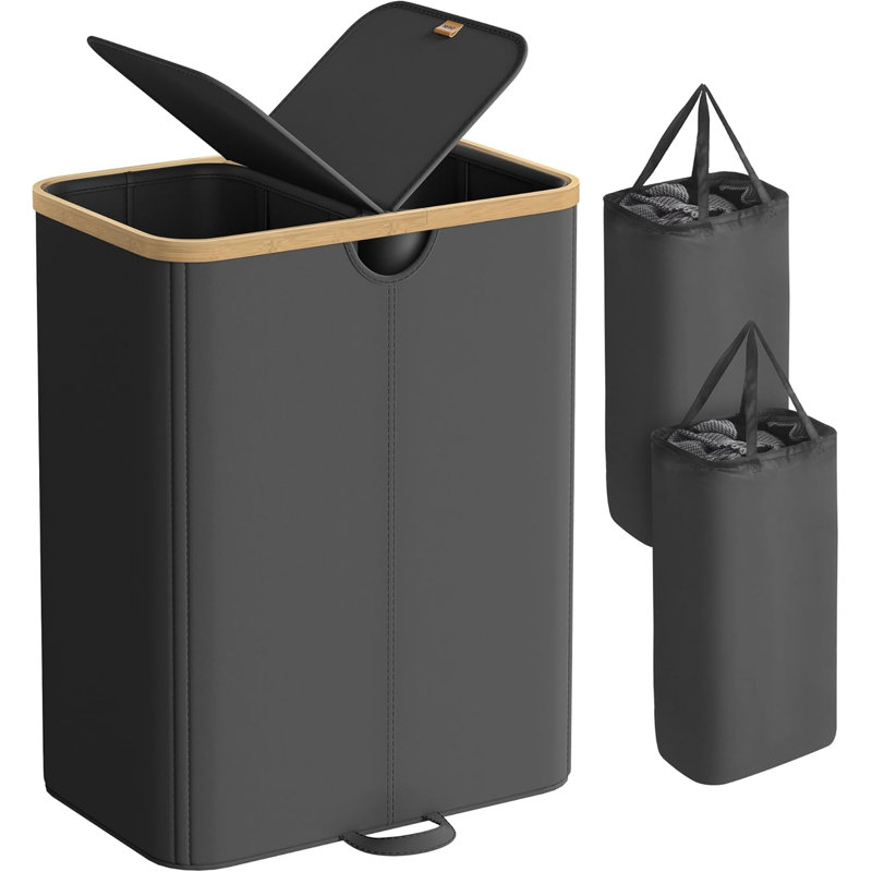 Laundry Hamper with Lids Laundry Basket with 2 Compartments 39 Gal. (150 L) Removable Liner Bag Ink Black and Light Bamboo