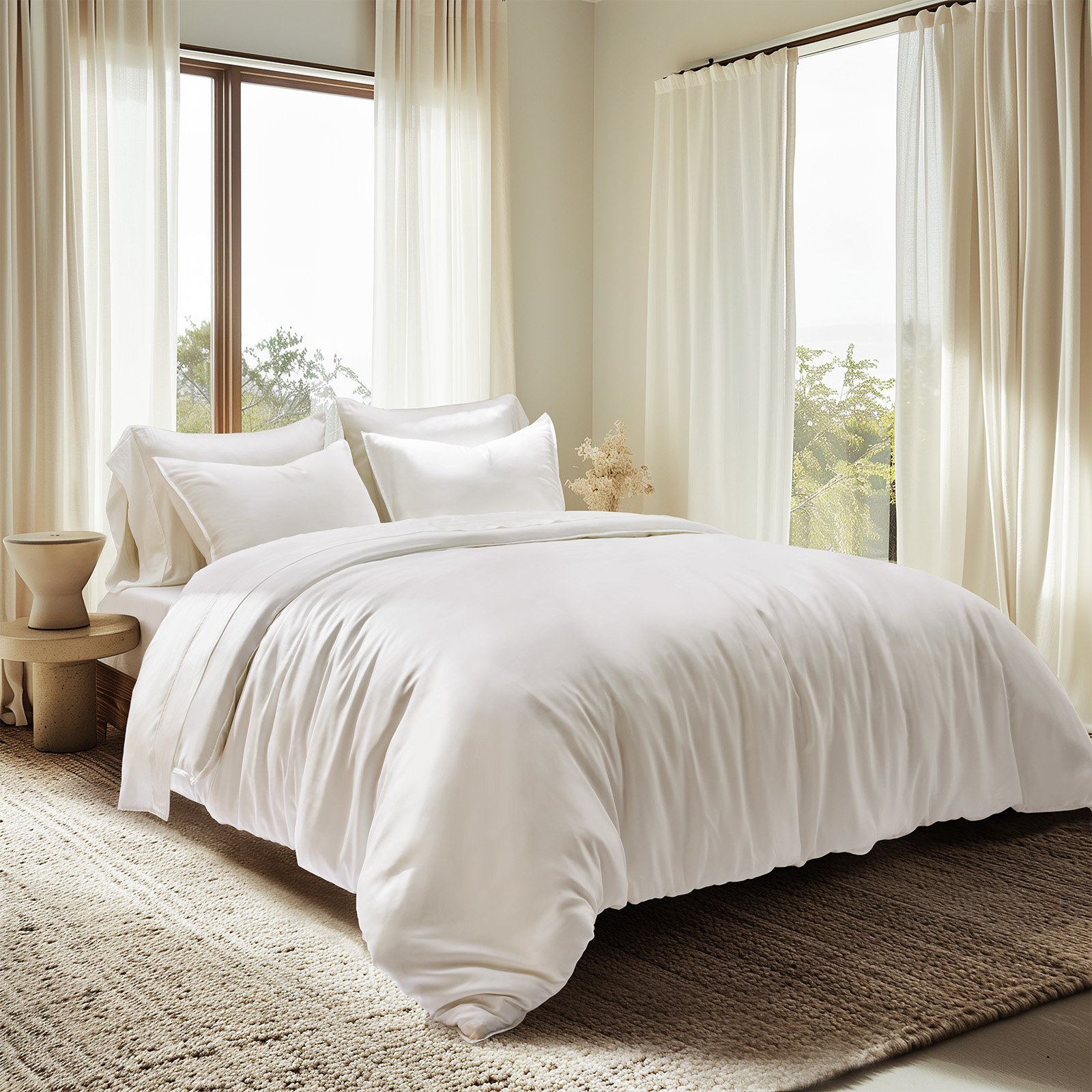 Tencel Lyocell Cooling Duvet Cover Set, Snow White, Queen Duvet Cover + 2 Queen Shams