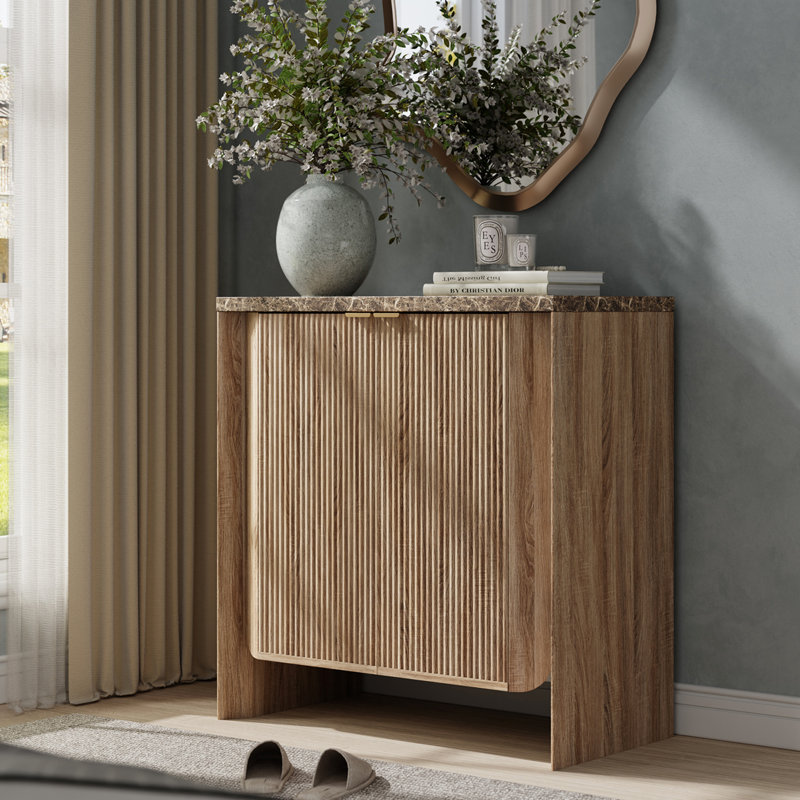 31.5"W Sideboard with Adjustable Shelf, Fluted 2-Door Storage Cabinet for Kitchen Dining Room, Oak/Marble, 1