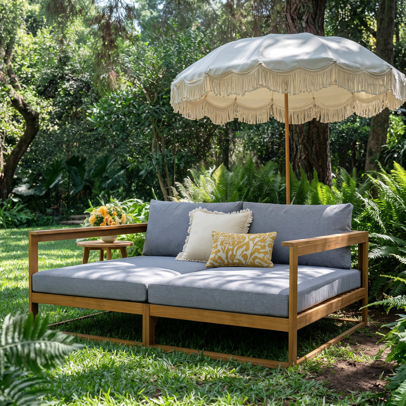 Lit de jour double d'extérieur en bois d'acacia avec coussins hydrofuges Quendor, Gris