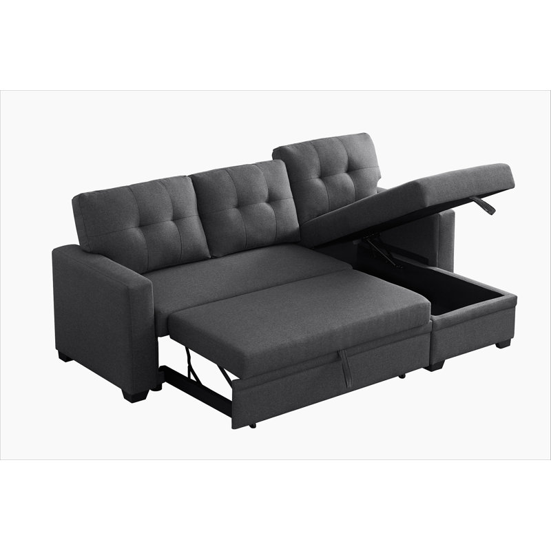 Convertible Upholstered Sectional Sofa with Pull-out Chaise, Dark Gray Linen, Right Hand Facing