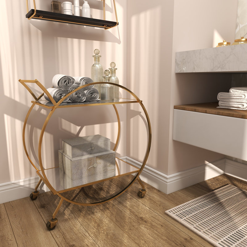 Metal Rolling Round 2 Mirrored Shelf Bar Cart with Top Handle, Light Gold
