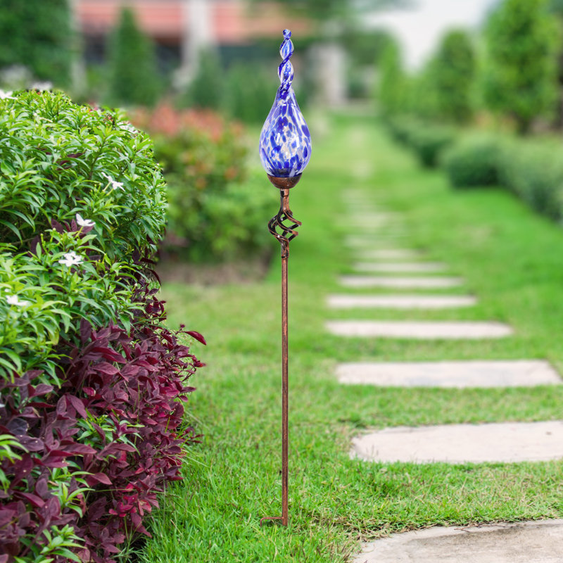 Blue Hand Blown Glass Flame Garden Stake with Metal Finial